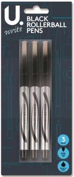 U Write Fine Tip Black Roller Ball Pen Set - Pack of 3