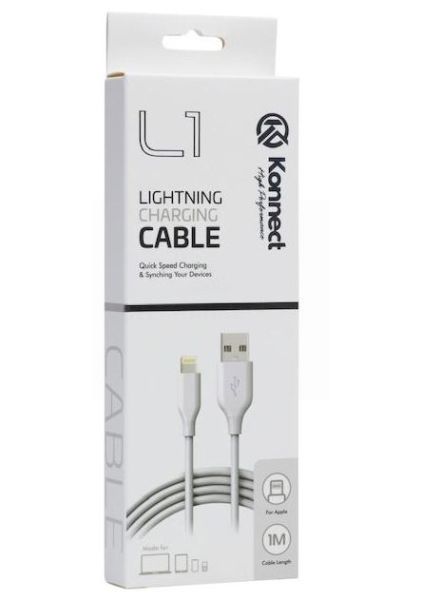 Konnect High Performance L1 Quick Speed Lightening Charging Cable for Iphone 5/6/7/8/10/11 - White - 1m 